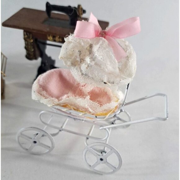 VTG Dollhouse Victorian Style Furniture Desk Sewing Machine Nursery Birdcage - Picture 2 of 6